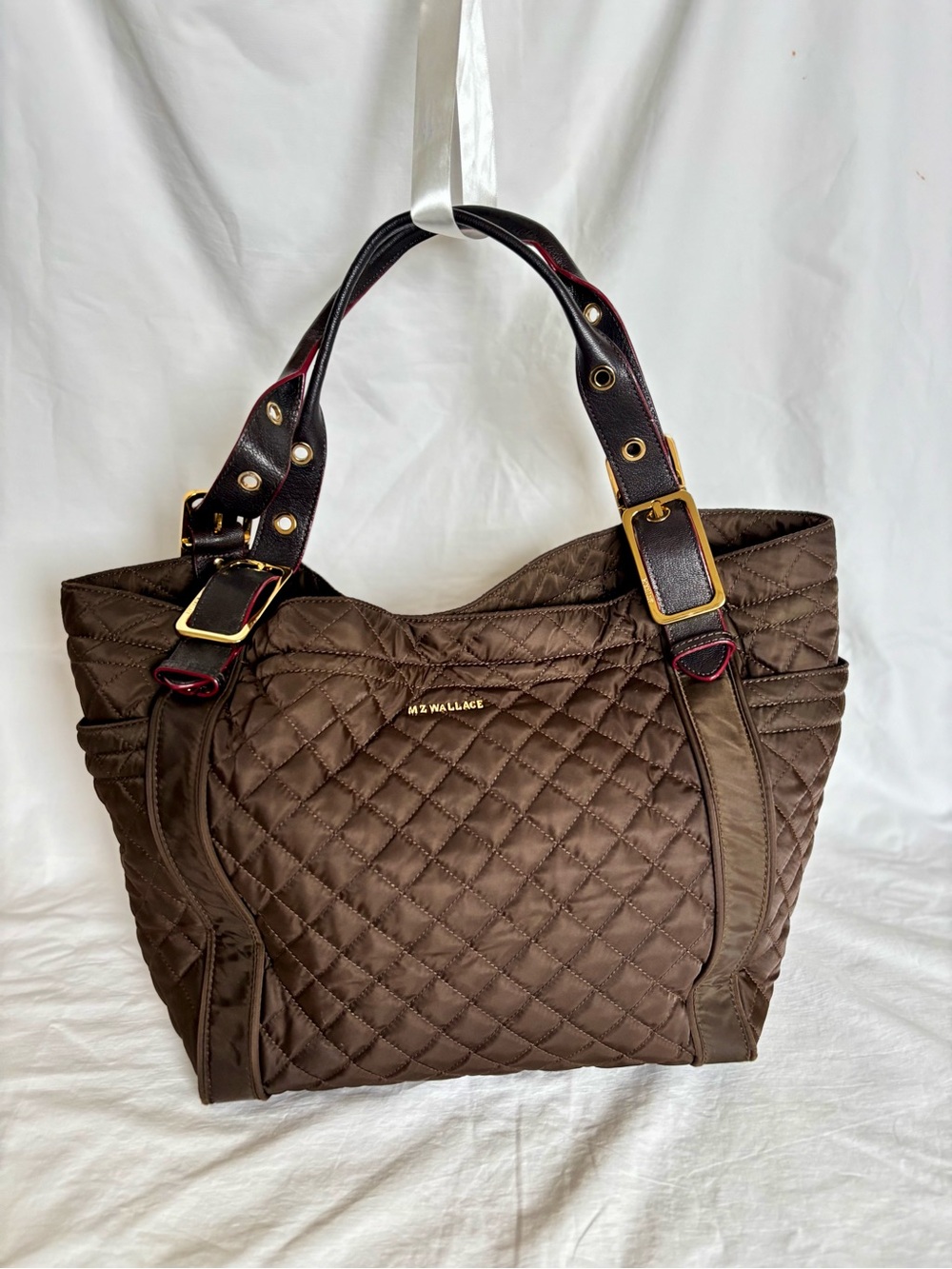 MZ Wallace Quilted Ava Tote Shoulder Work Bag in Dark Brown Nylon Leather